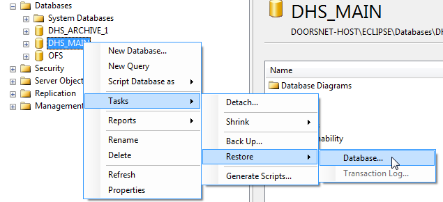 DB Right-click and Restore